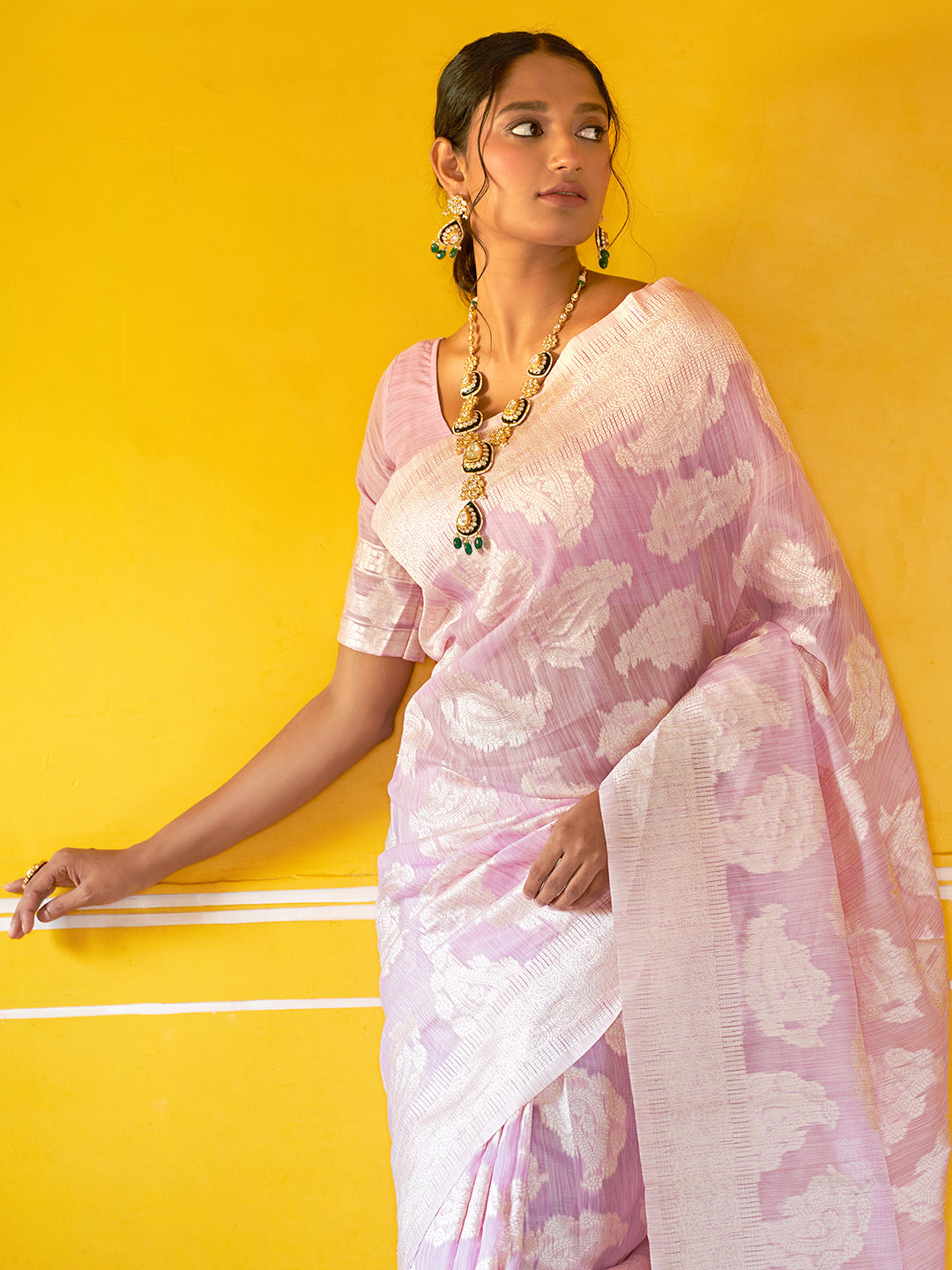 Lavender Linen Cotton Woven Paisley Saree with Unstitched Blouse Piece
