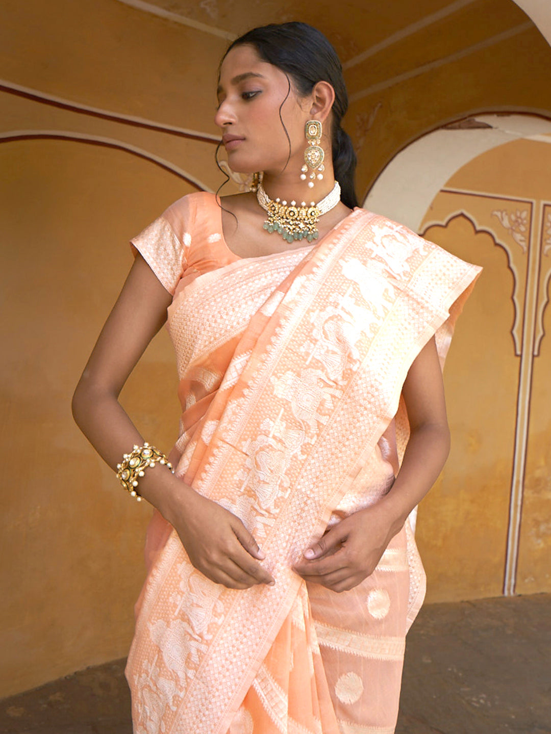Peach Linen Cotton Leheriya Saree with Unstitched Blouse Piece