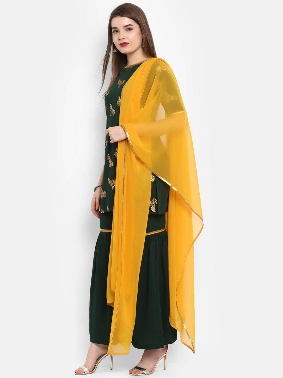 Dark Green Poly Crepe Gold Print Kurti with Sharara and Dupatta