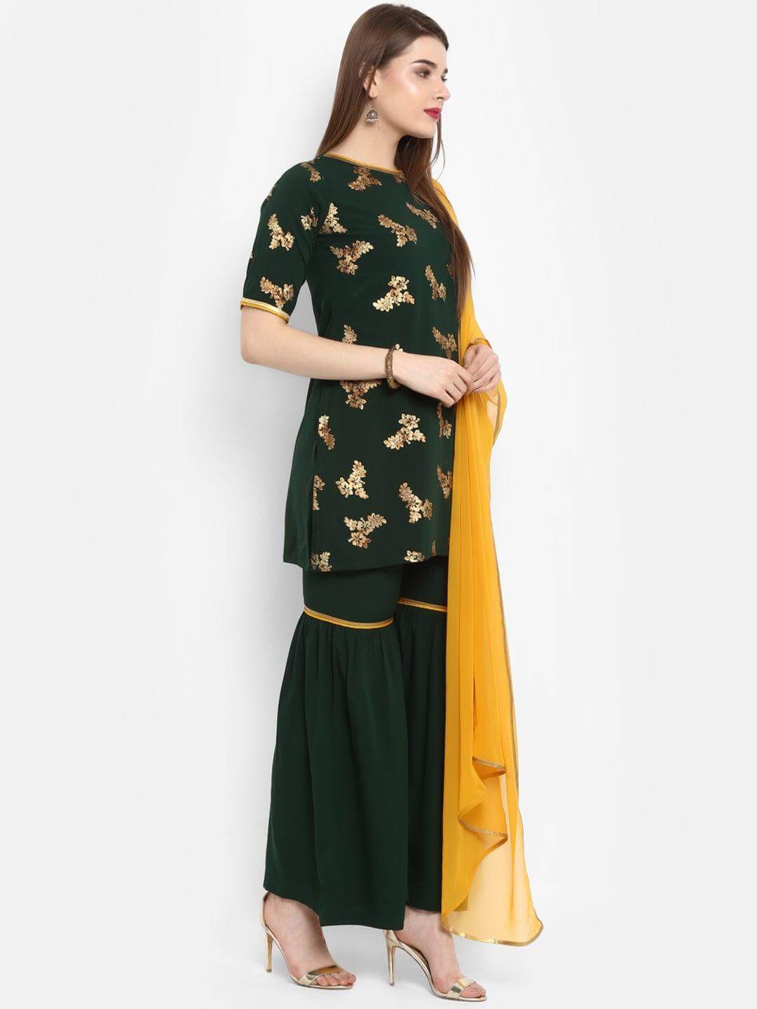 Dark Green Poly Crepe Gold Print Kurti with Sharara and Dupatta