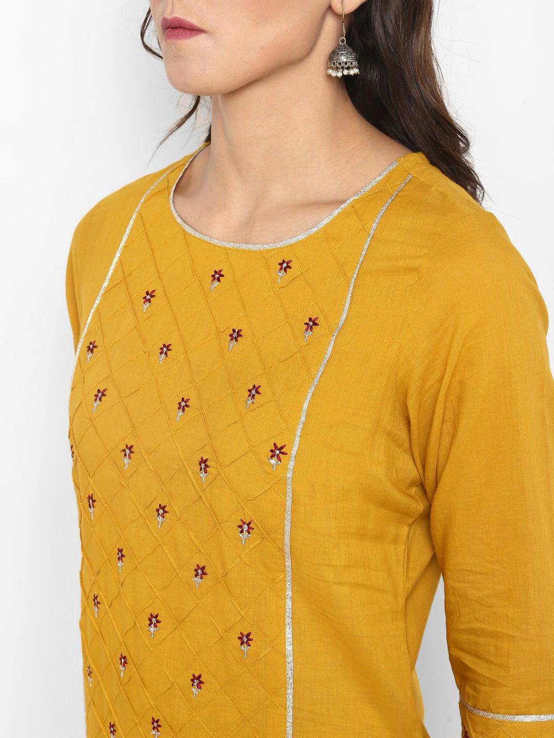 Mustard Cotton Embroidered Kurta with Palazzo