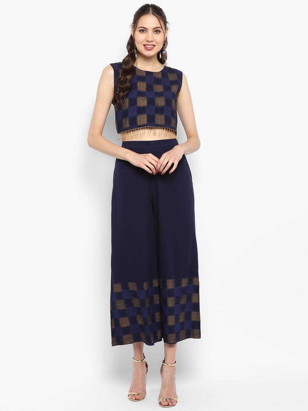 Navy Blue Poly Crepe Gold Print Top with Palazzo and Jacket