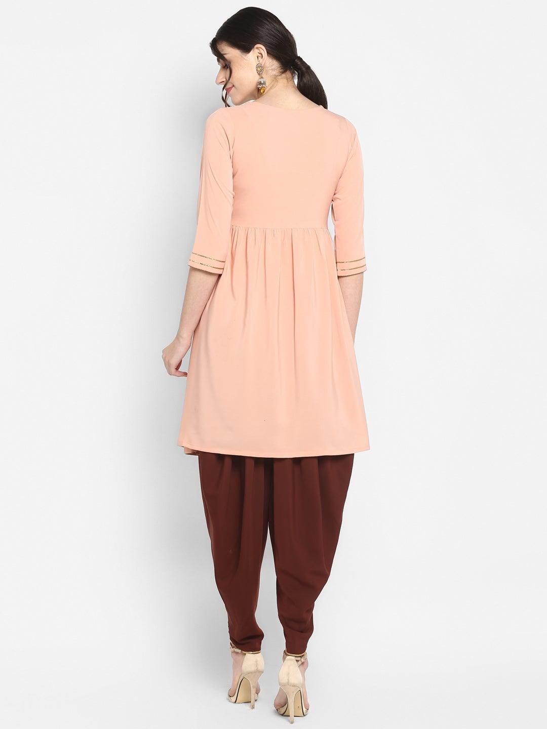 Peach Poly Crepe Geometric Print Kurta with Dhoti Pant