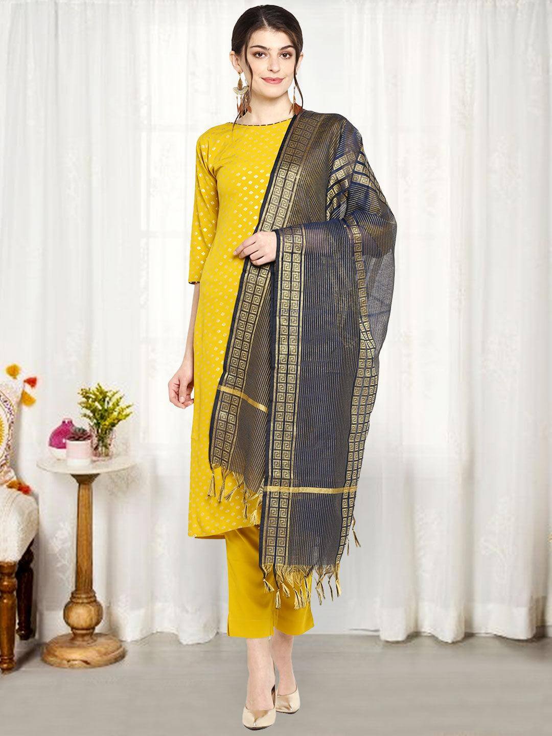 Mustard Poly Crepe Gold Print Kurta with Pant and Dupatta