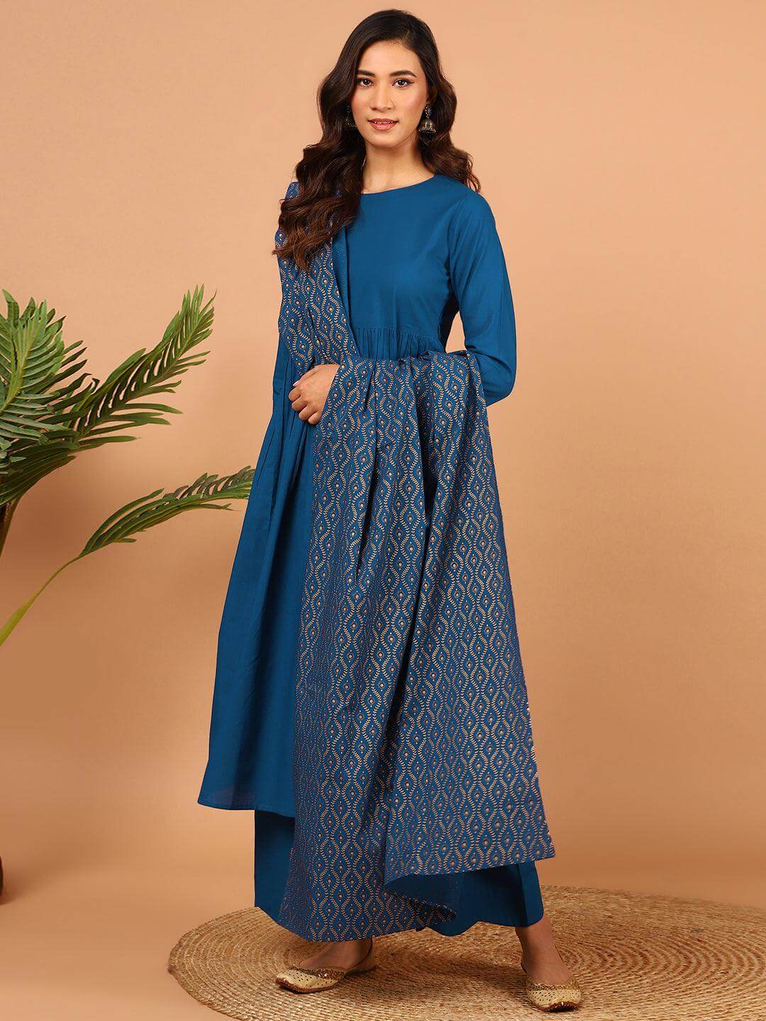 Blue Cotton Solid Kurta with Palazzo and Dupatta