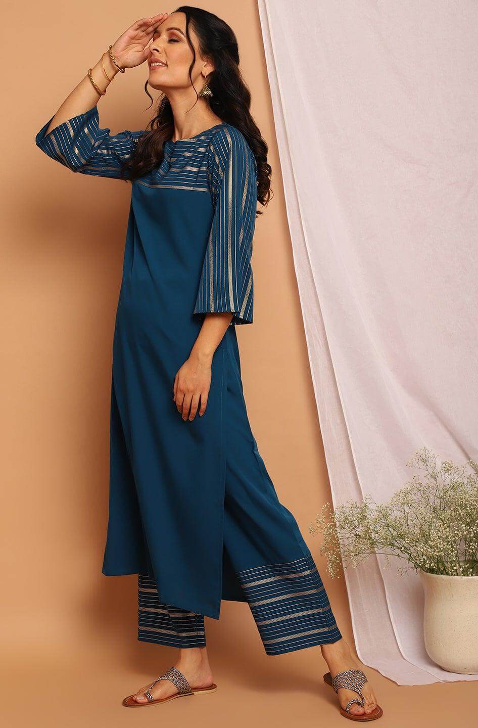 Teal Poly Crepe Striped Kurta with Palazzo