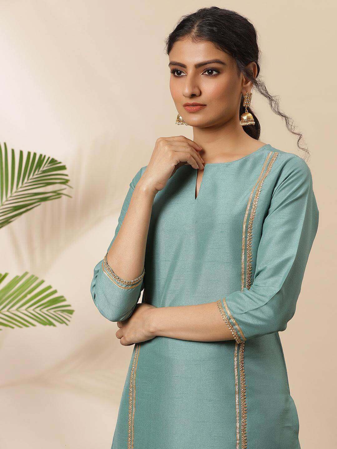 Green Poly Silk Solid Kurta with Palazzo