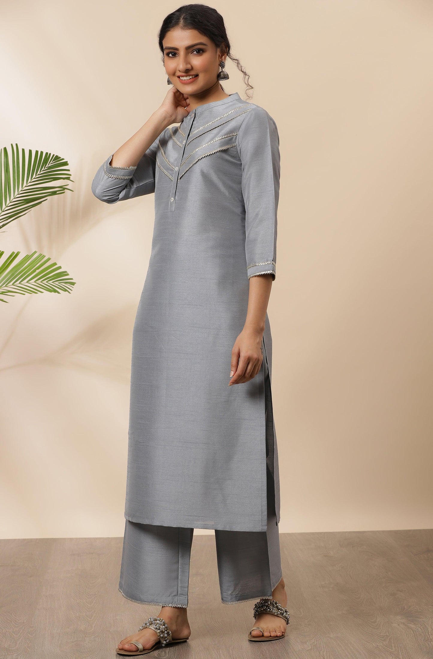 Grey Poly Silk Solid Kurta with Palazzo