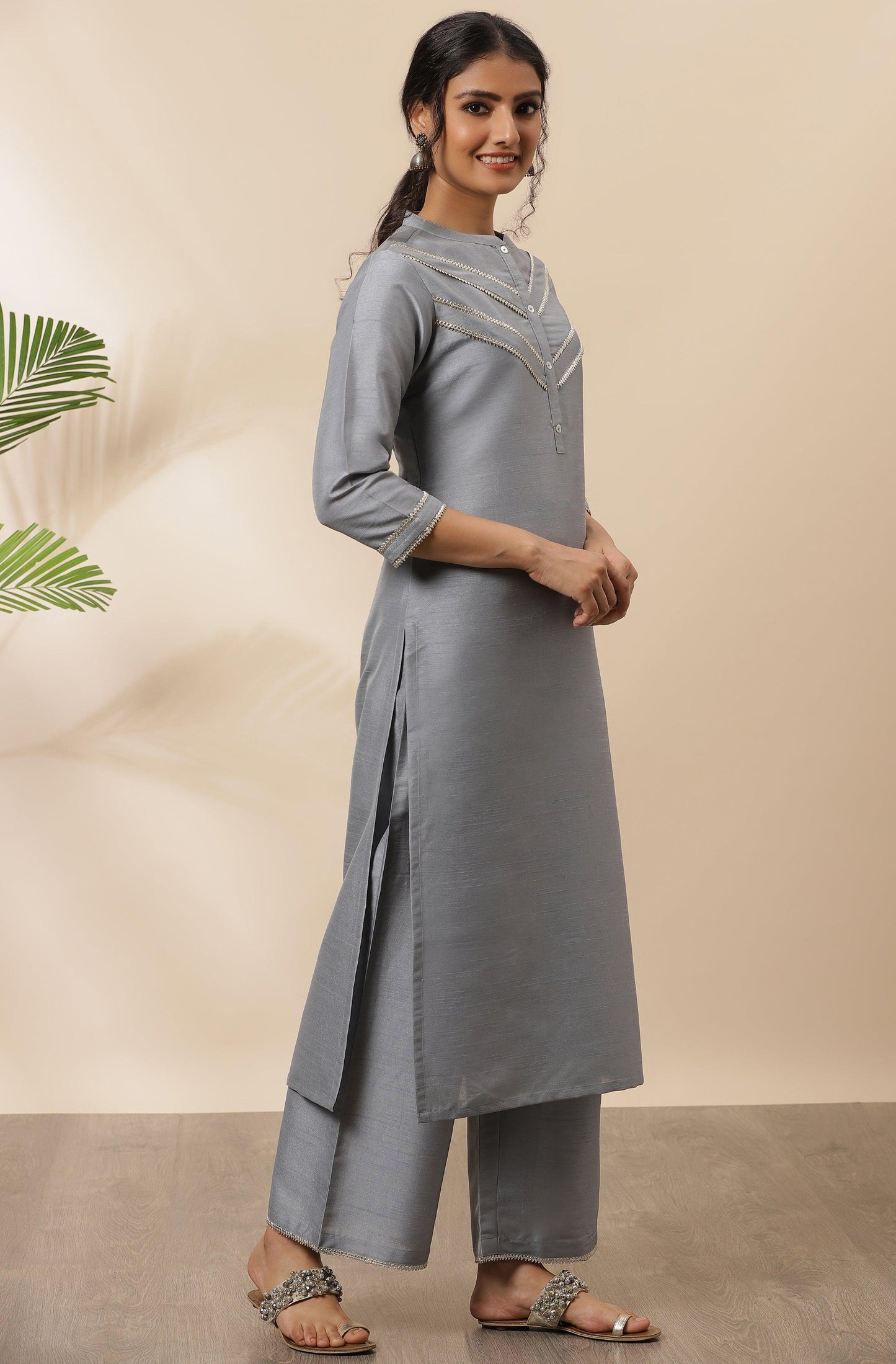 Grey Poly Silk Solid Kurta with Palazzo