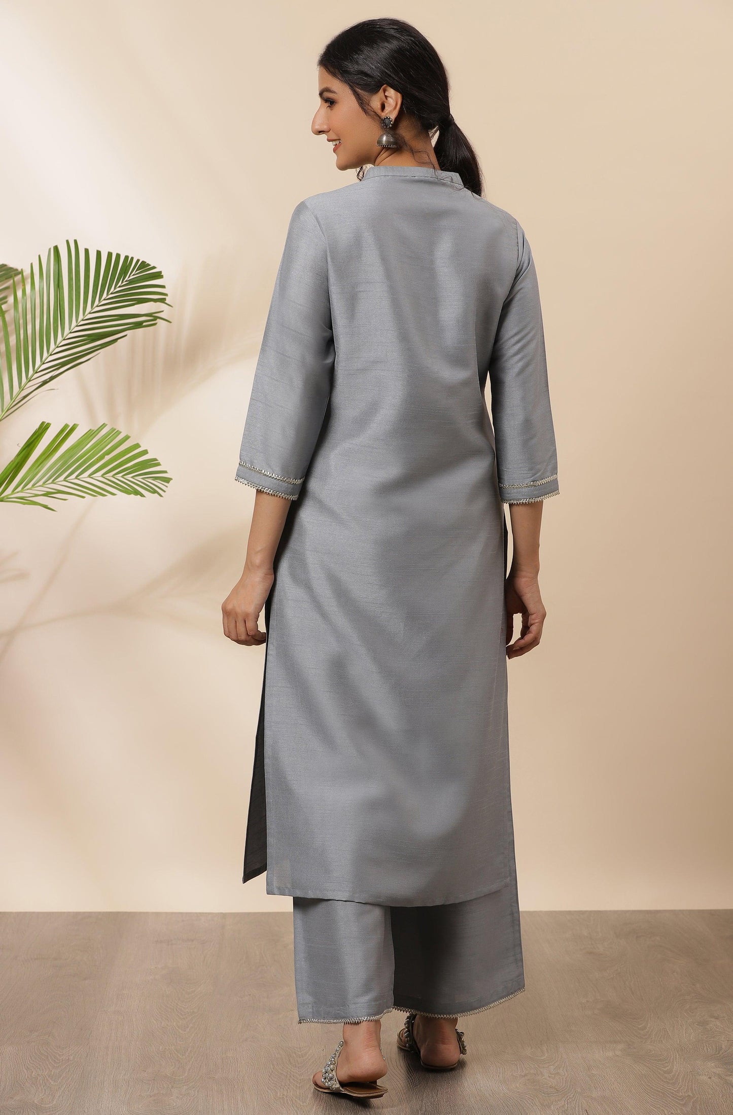 Grey Poly Silk Solid Kurta with Palazzo