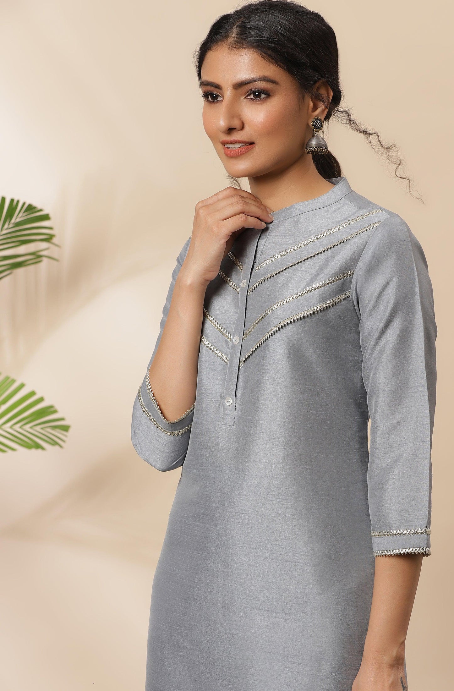 Grey Poly Silk Solid Kurta with Palazzo