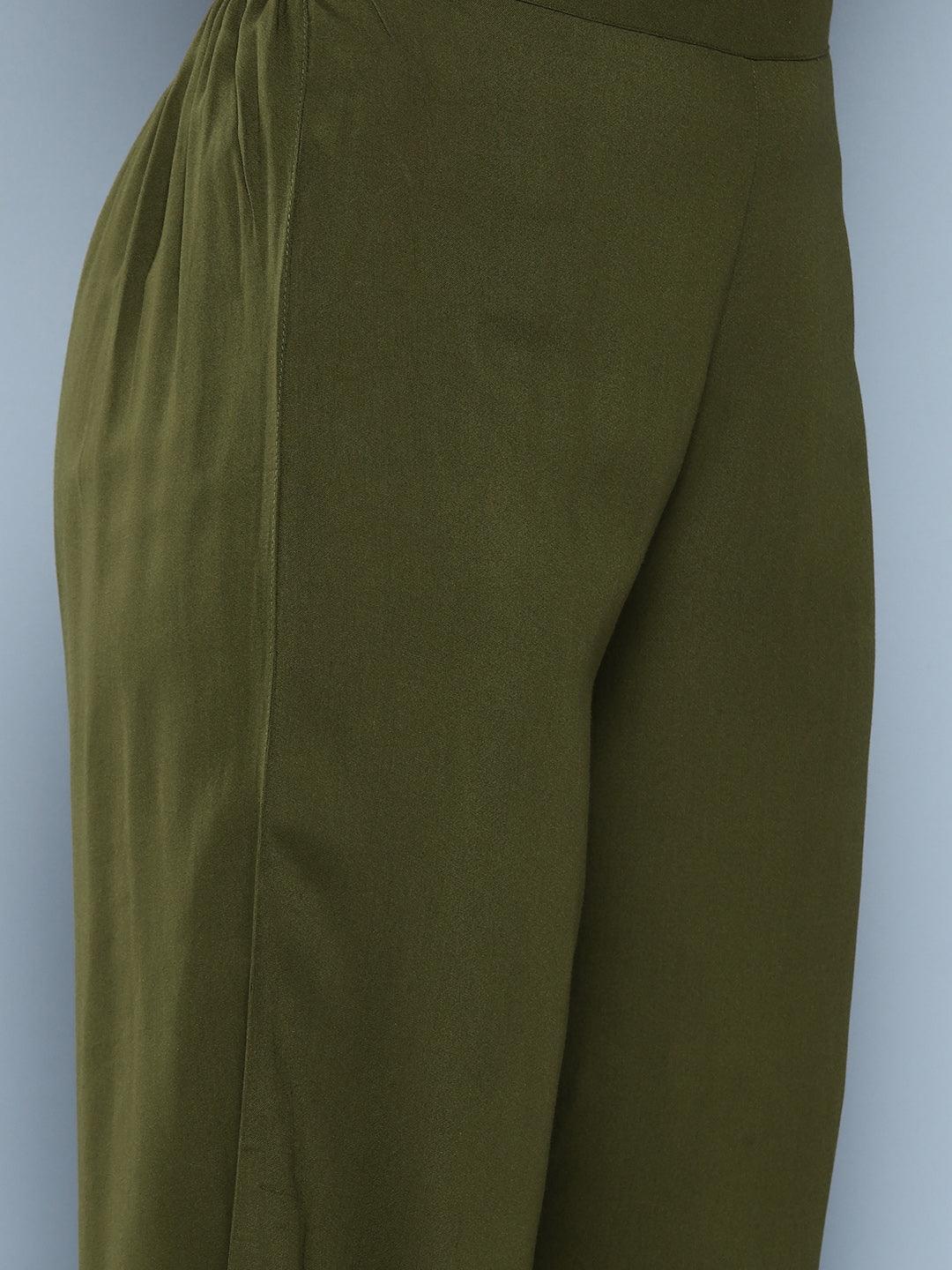 Olive Green Rayon Solid Kurta with Palazzo and Dupatta