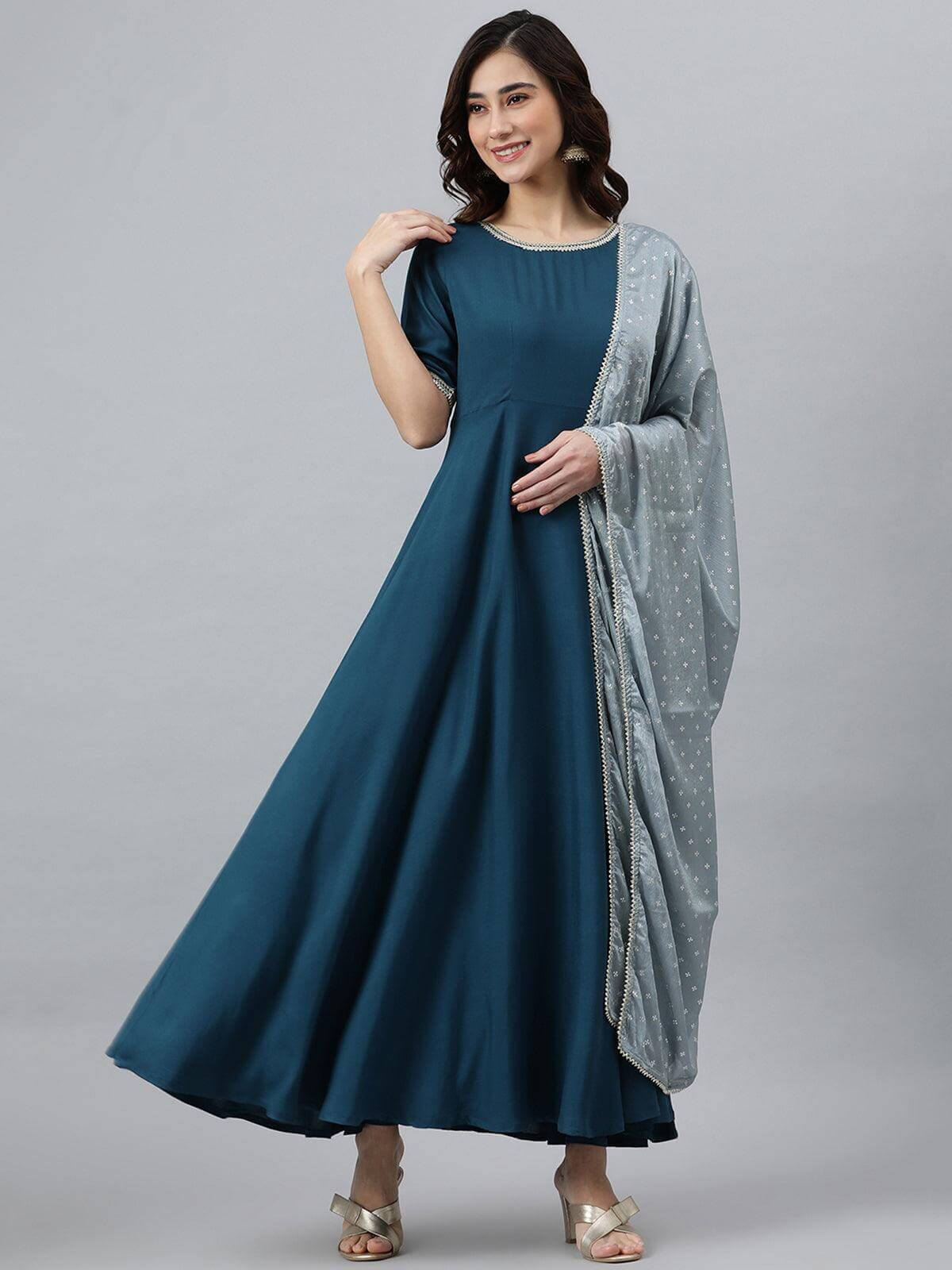 Teal Rayon Solid Kurta with Dupatta