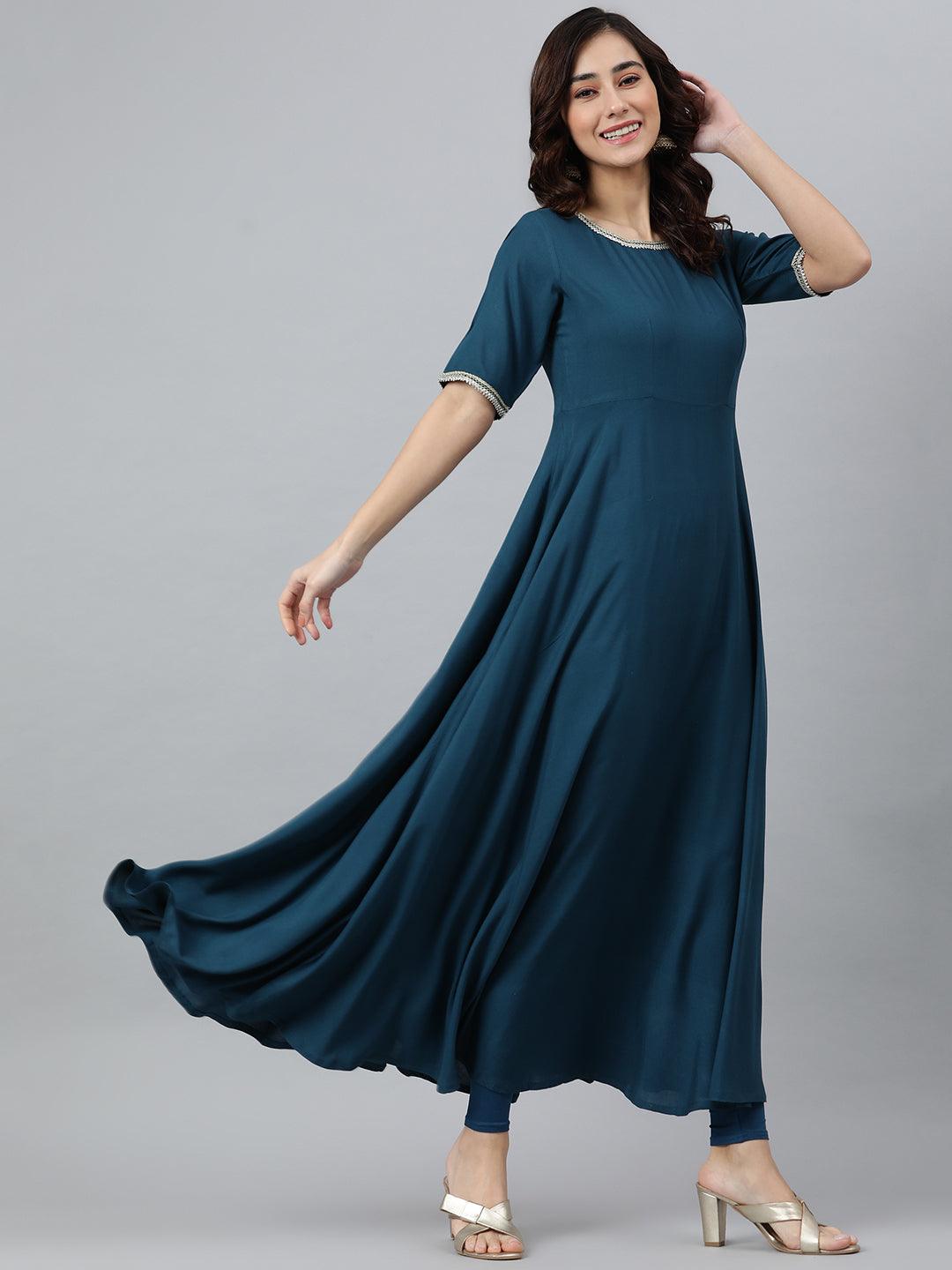 Teal Rayon Solid Kurta with Dupatta