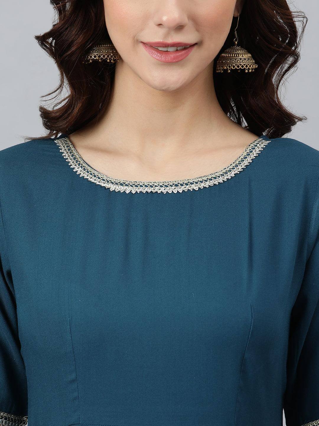 Teal Rayon Solid Kurta with Dupatta