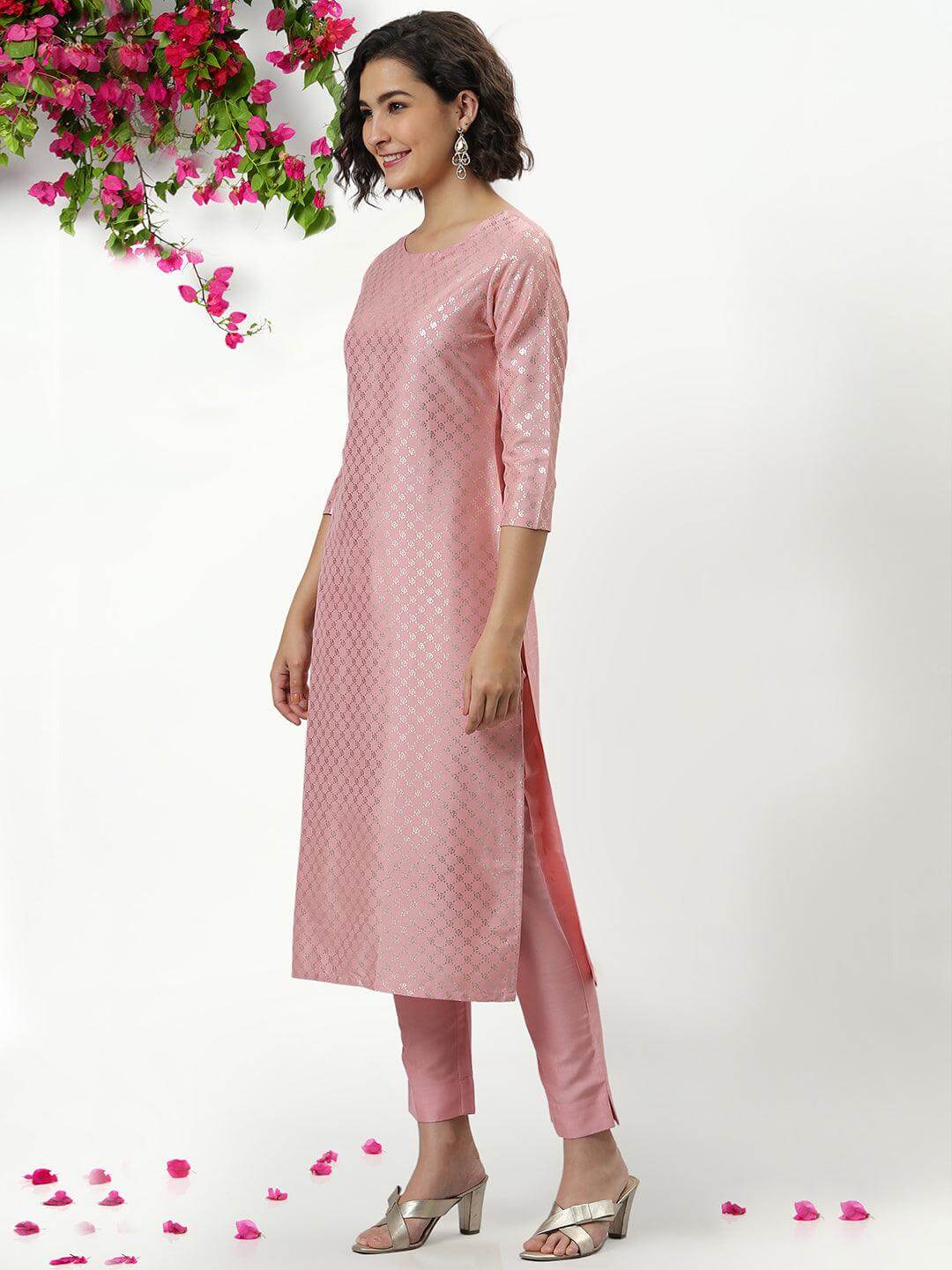 Pink Poly Silk Floral Print Kurta with Pant