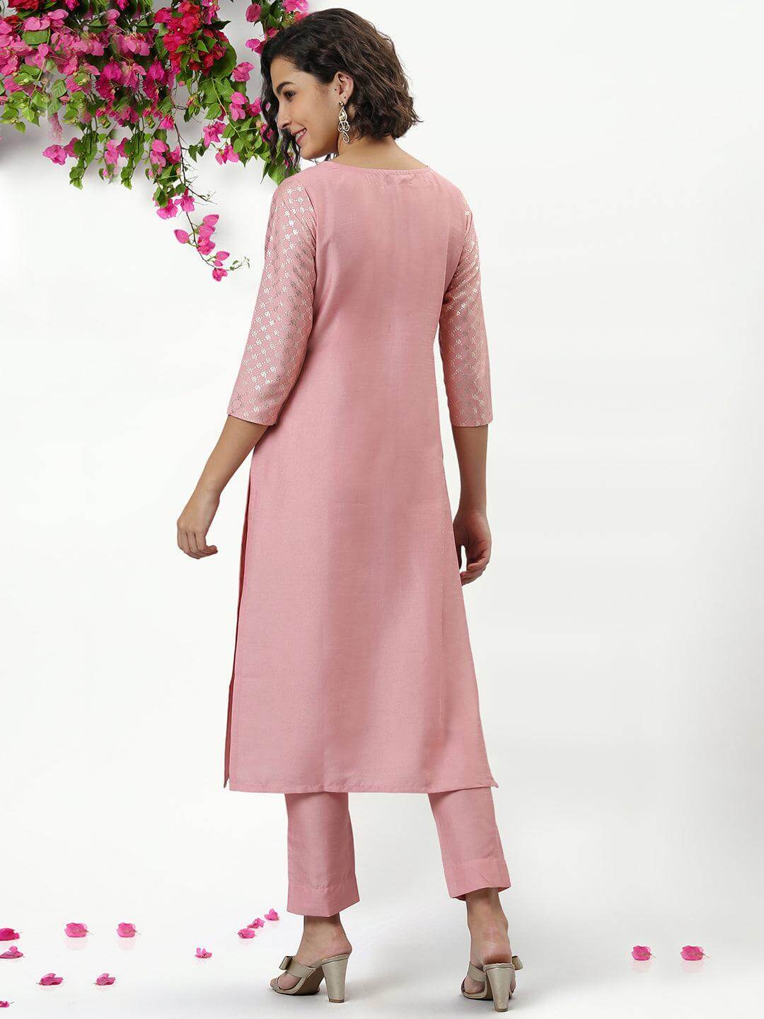 Pink Poly Silk Floral Print Kurta with Pant