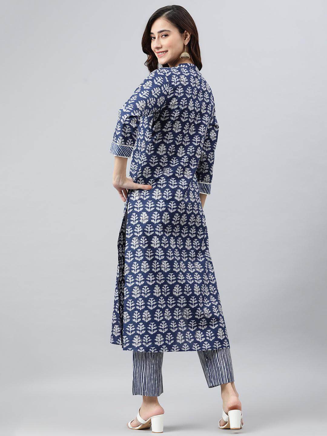 Navy Blue Cotton Embroidered Kurta with Pant