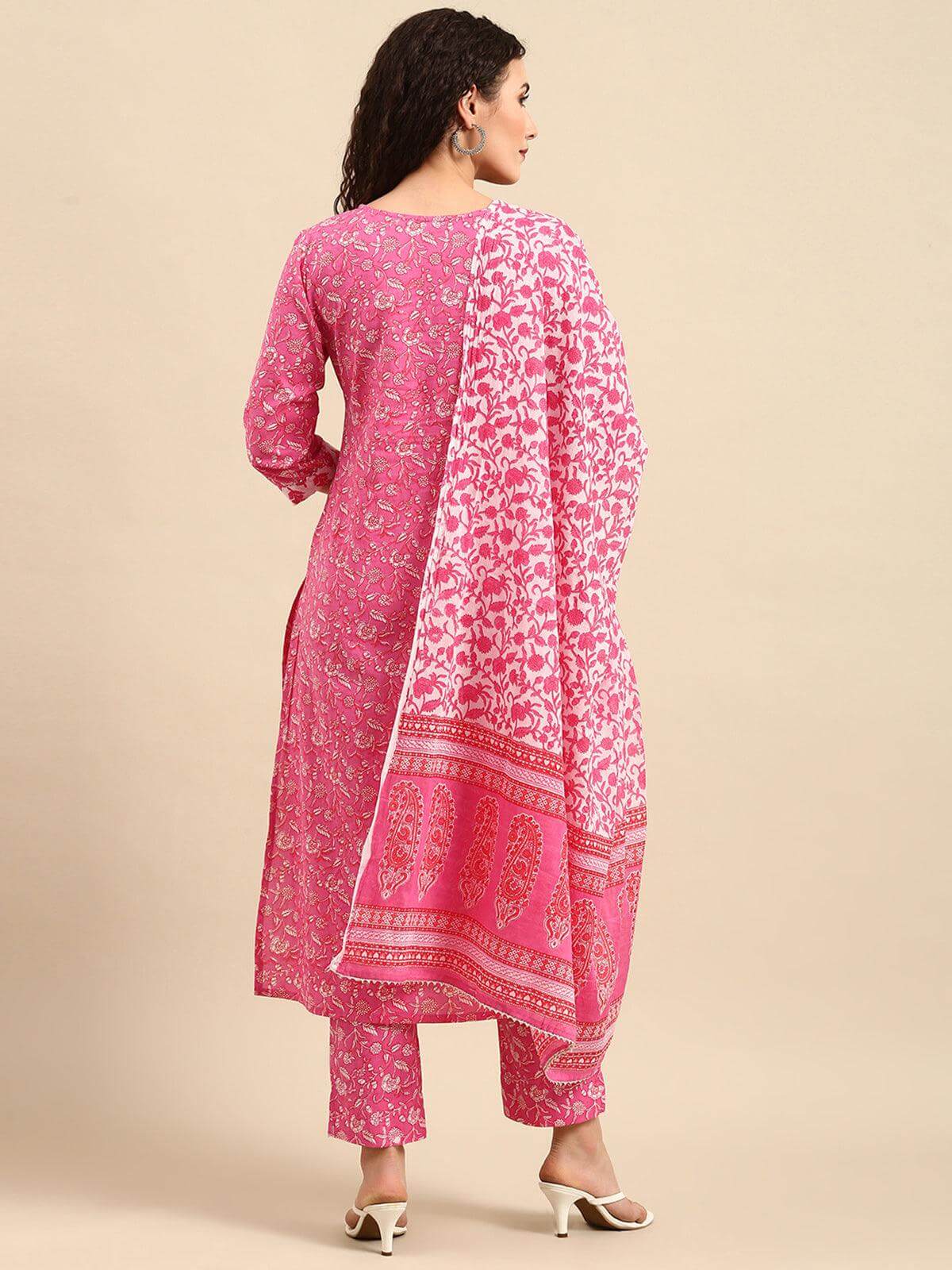 Pink Cotton Floral Print Kurta with Pant and Dupatta