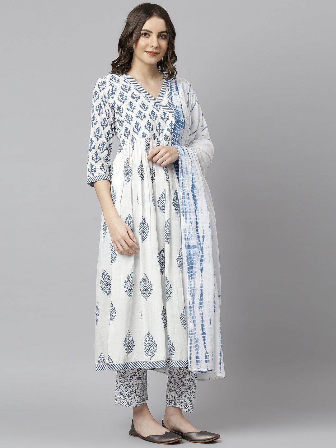 White Cotton Block Print Kurta with Pant and Dupatta