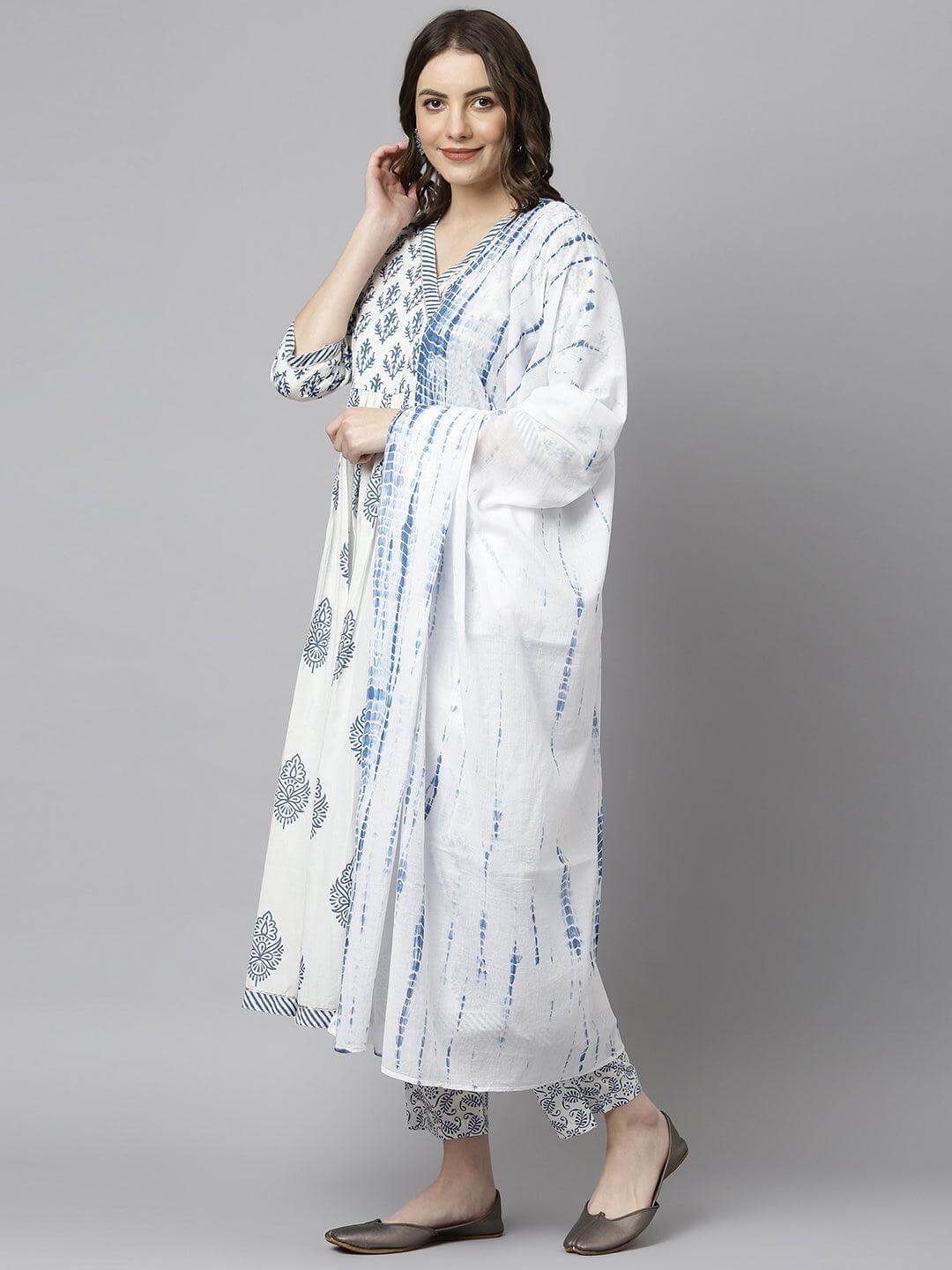 White Cotton Block Print Kurta with Pant and Dupatta
