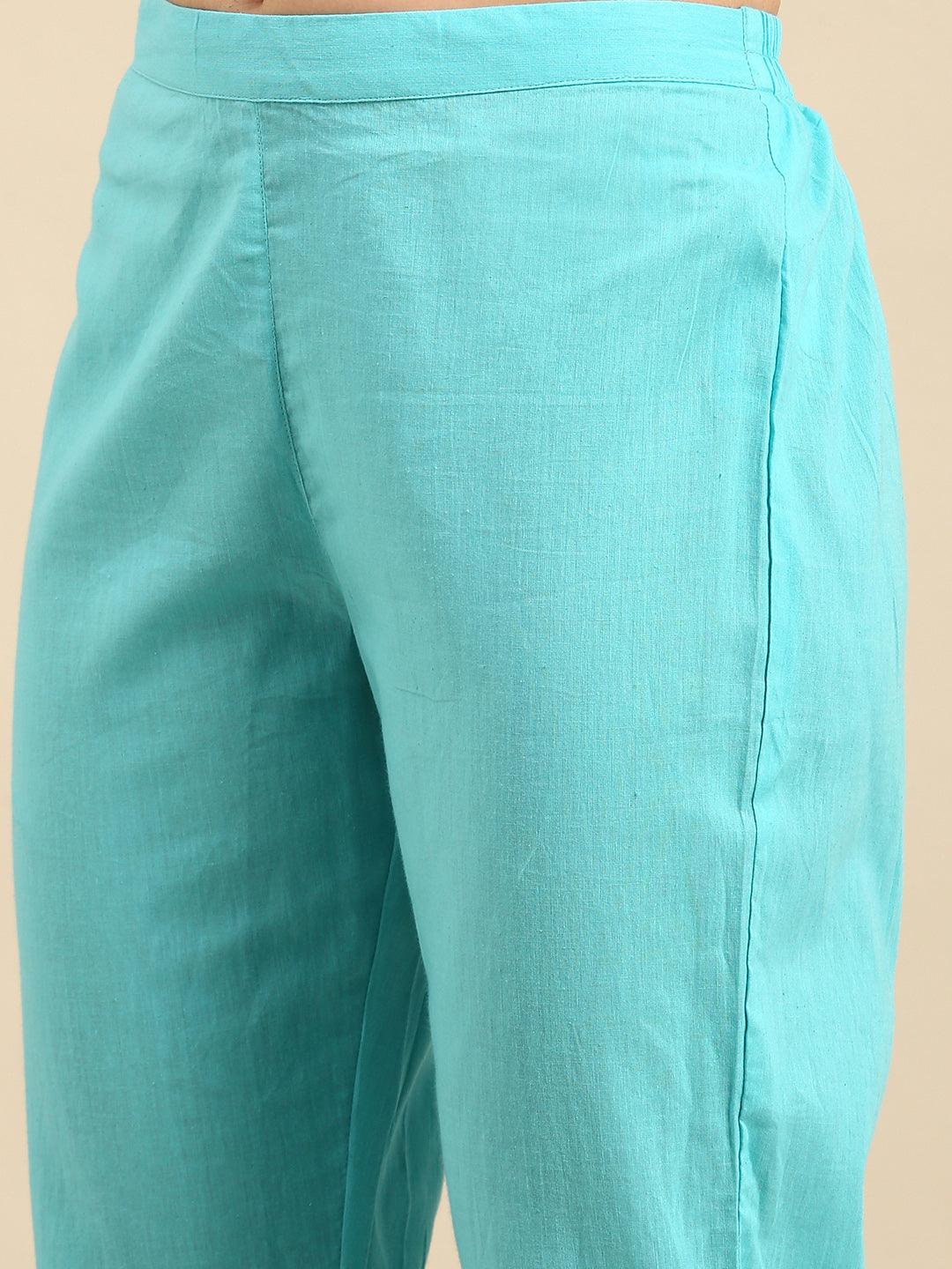 Sea Green Cotton Floral Print Kurta with Pant and Dupatta