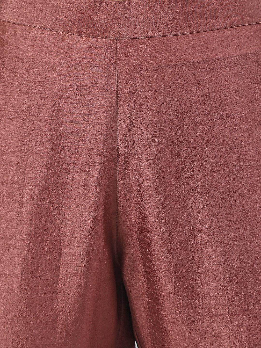 Brown Poly Silk Foil Print Kurta with Pant and Dupatta