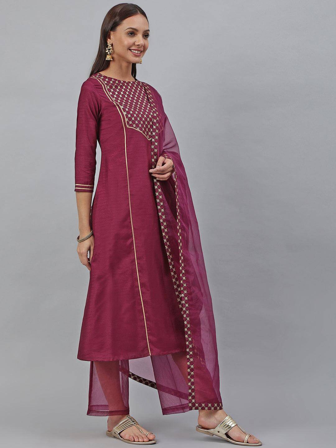 Wine Poly Silk Floral Print Kurta with Palazzo and Dupatta