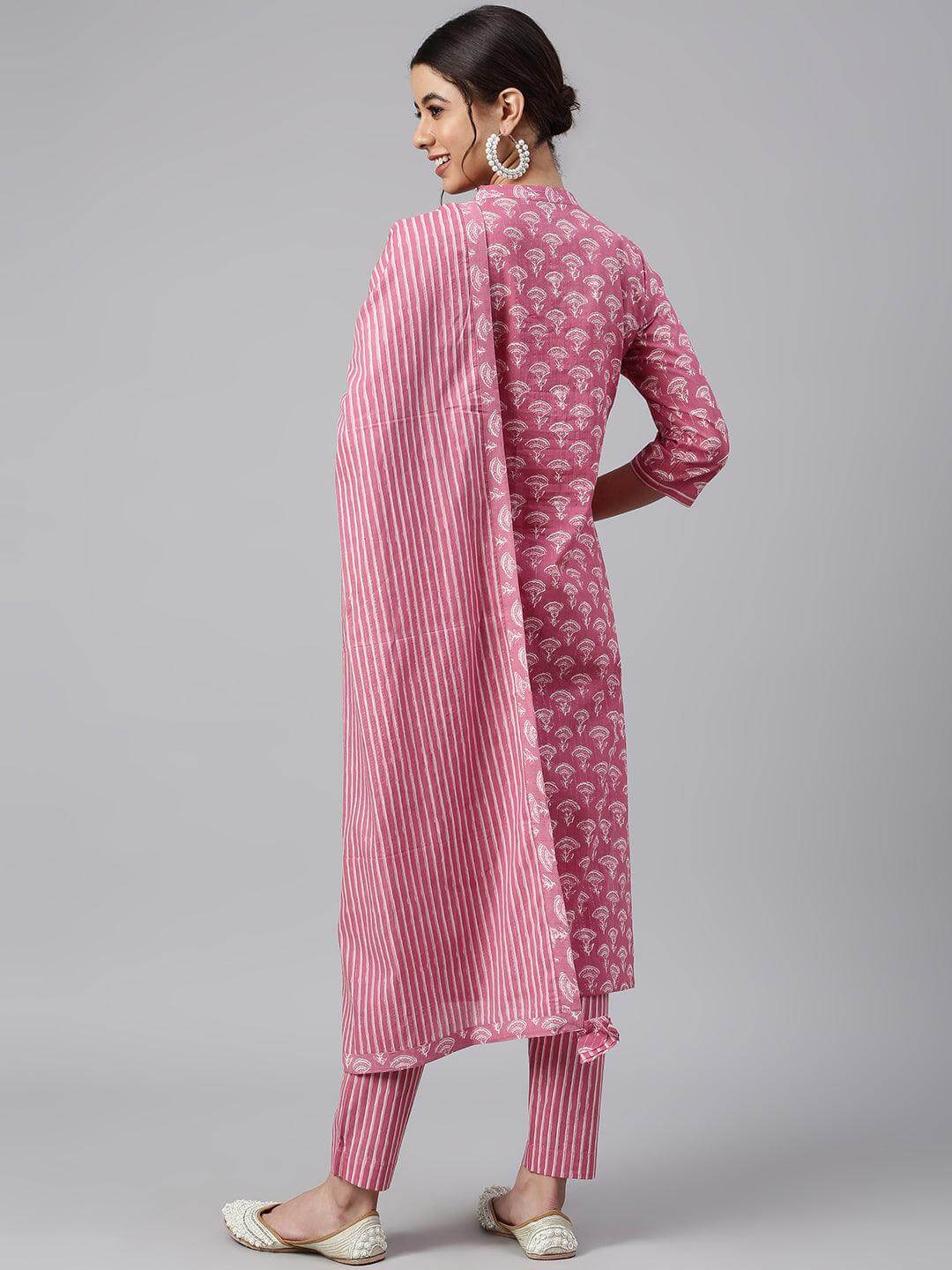 Mauve Cotton Floral Print Kurta with Pant and Dupatta