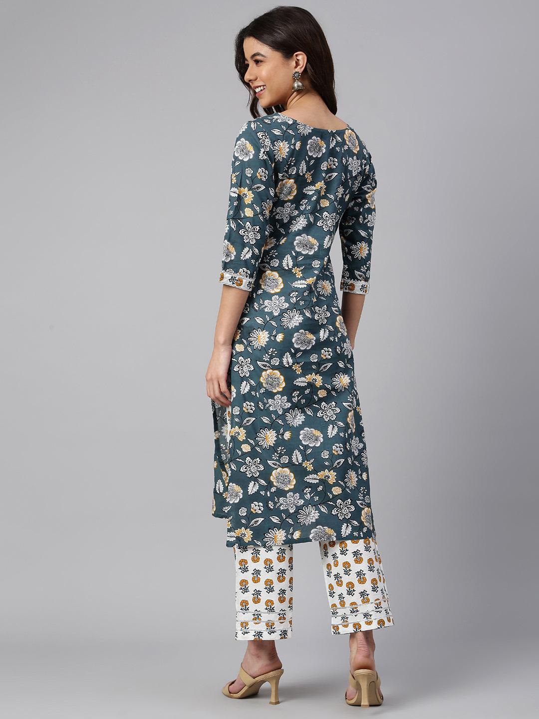 Teal Cotton Floral Print Kurta with Palazzo