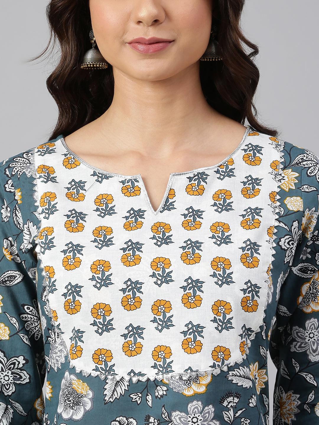 Teal Cotton Floral Print Kurta with Palazzo