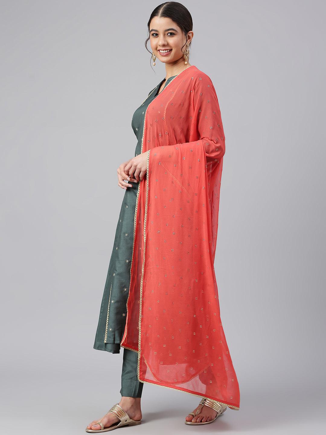 Dark Green Poly Silk Embellished Kurta with Pant and Dupatta