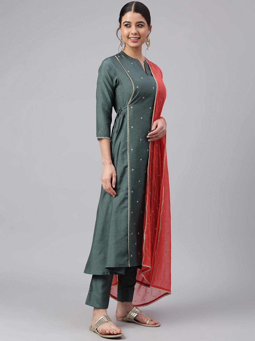 Dark Green Poly Silk Embellished Kurta with Pant and Dupatta