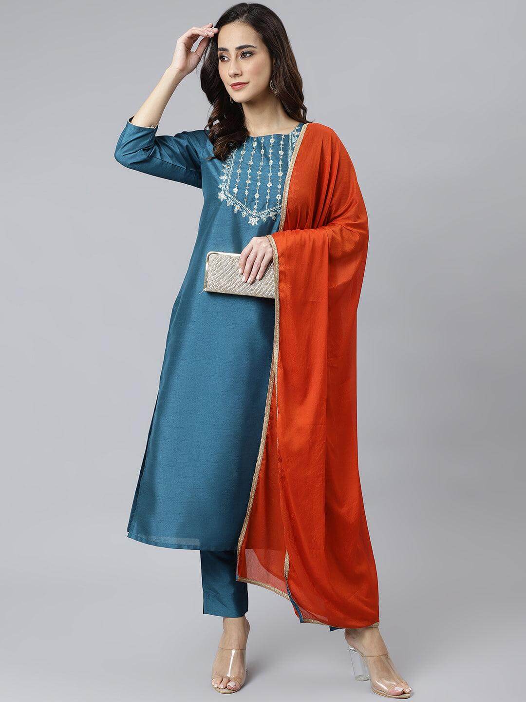 Teal Poly Silk Solid Kurta with Pant and Dupatta