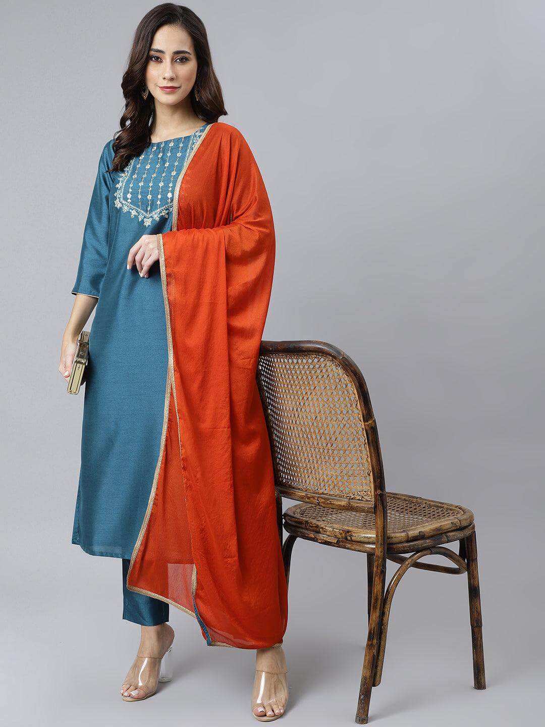Teal Poly Silk Solid Kurta with Pant and Dupatta
