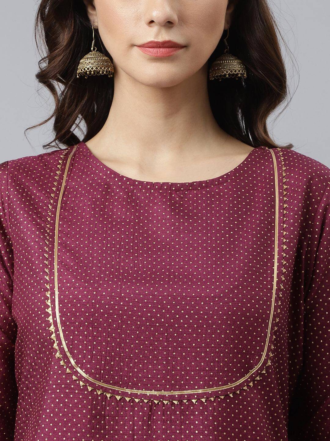 Wine Poly Silk Foil Print Kurta with Pant