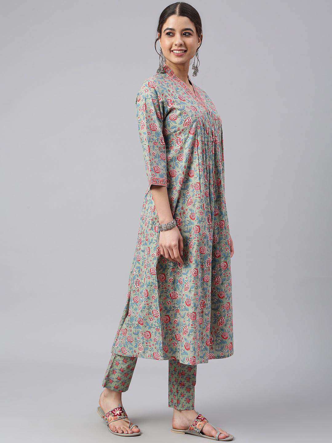 Sea Green Cotton Floral Print Kurta with Pant