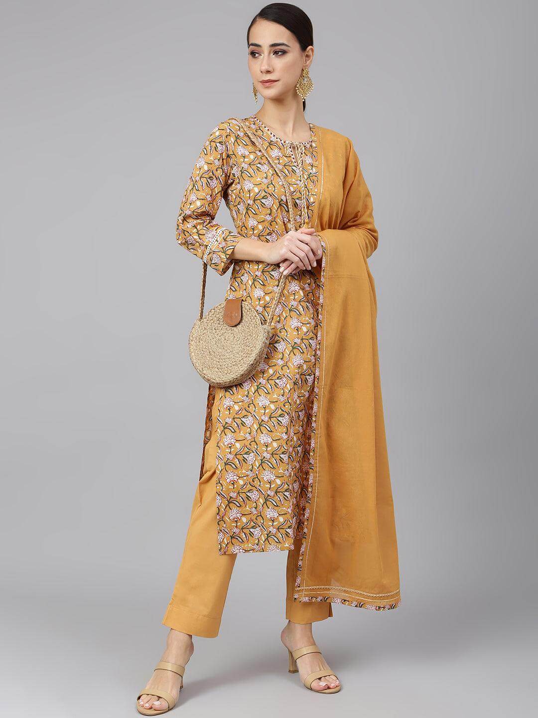 Light Brown Cotton Floral Print Kurta with Pant and Dupatta