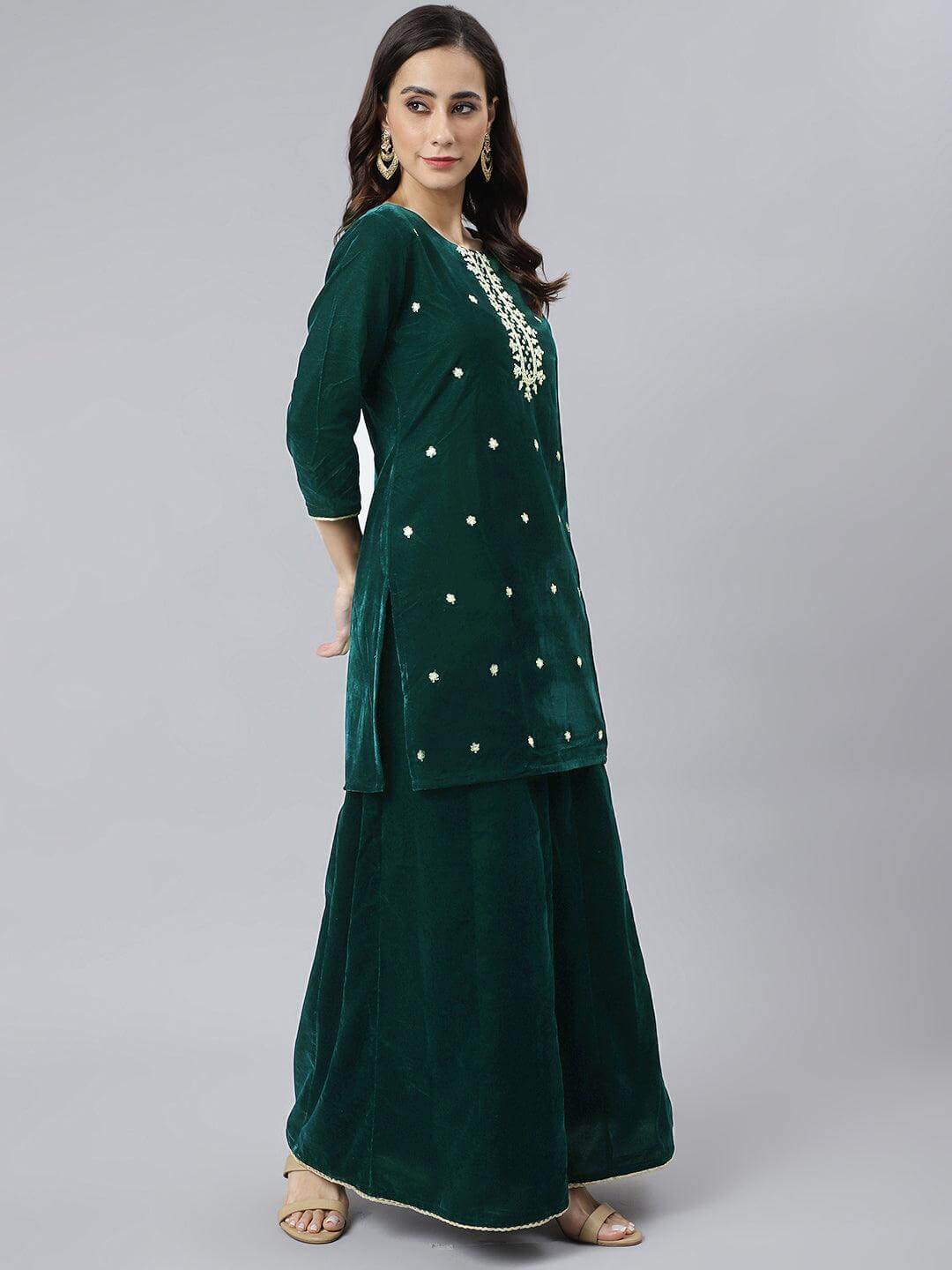 Women's-Dark-Green-Velvet-Floral-Embroidery-Kurta-with-Flared-Palazzo-and-Dupatta