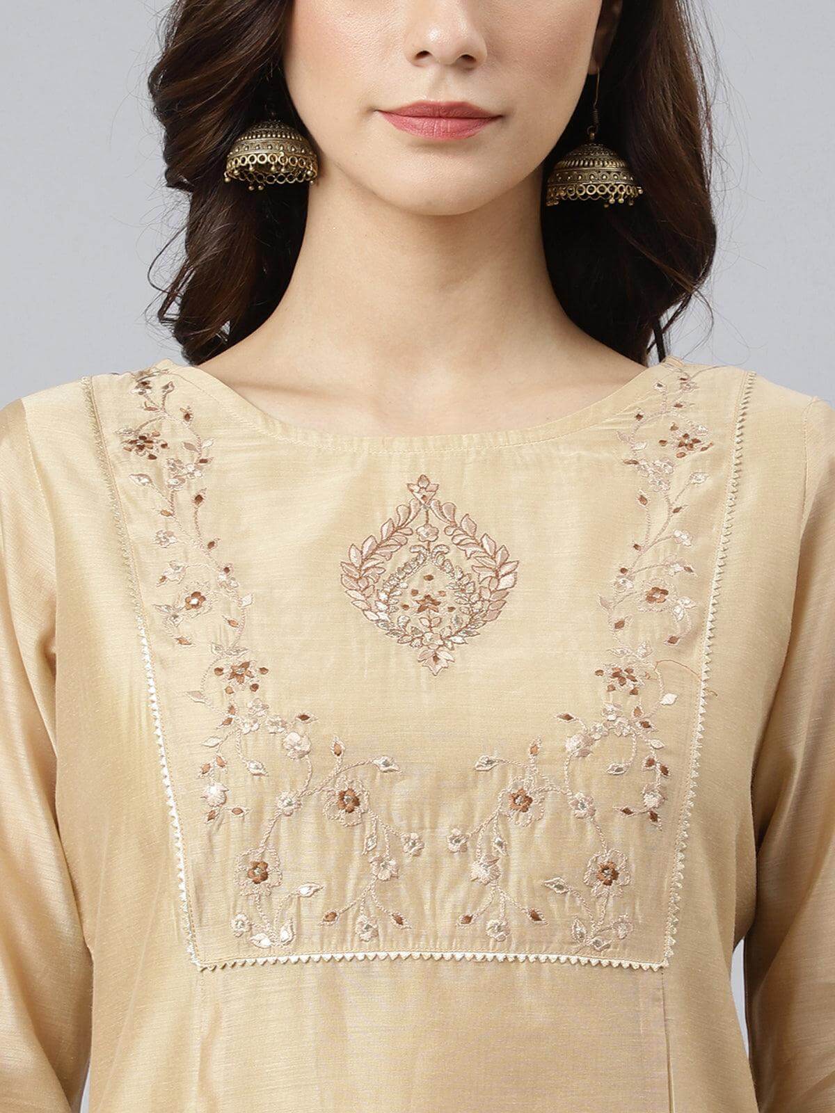 Beige Chanderi Silk Solid Kurta with Pant and Dupatta