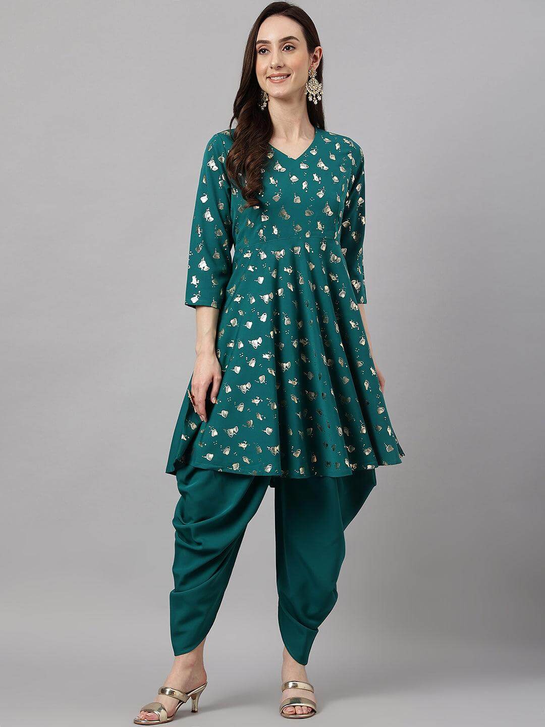 Women's Peacock Green Crepe Foil Print Kurta with Dhoti Pant