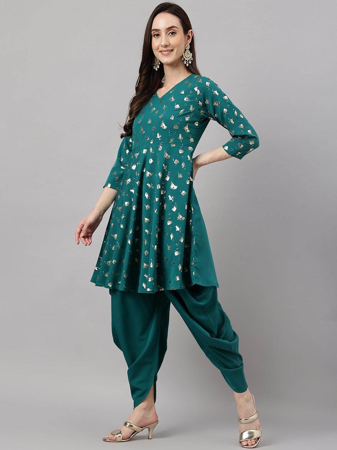 Women's Peacock Green Crepe Foil Print Kurta with Dhoti Pant