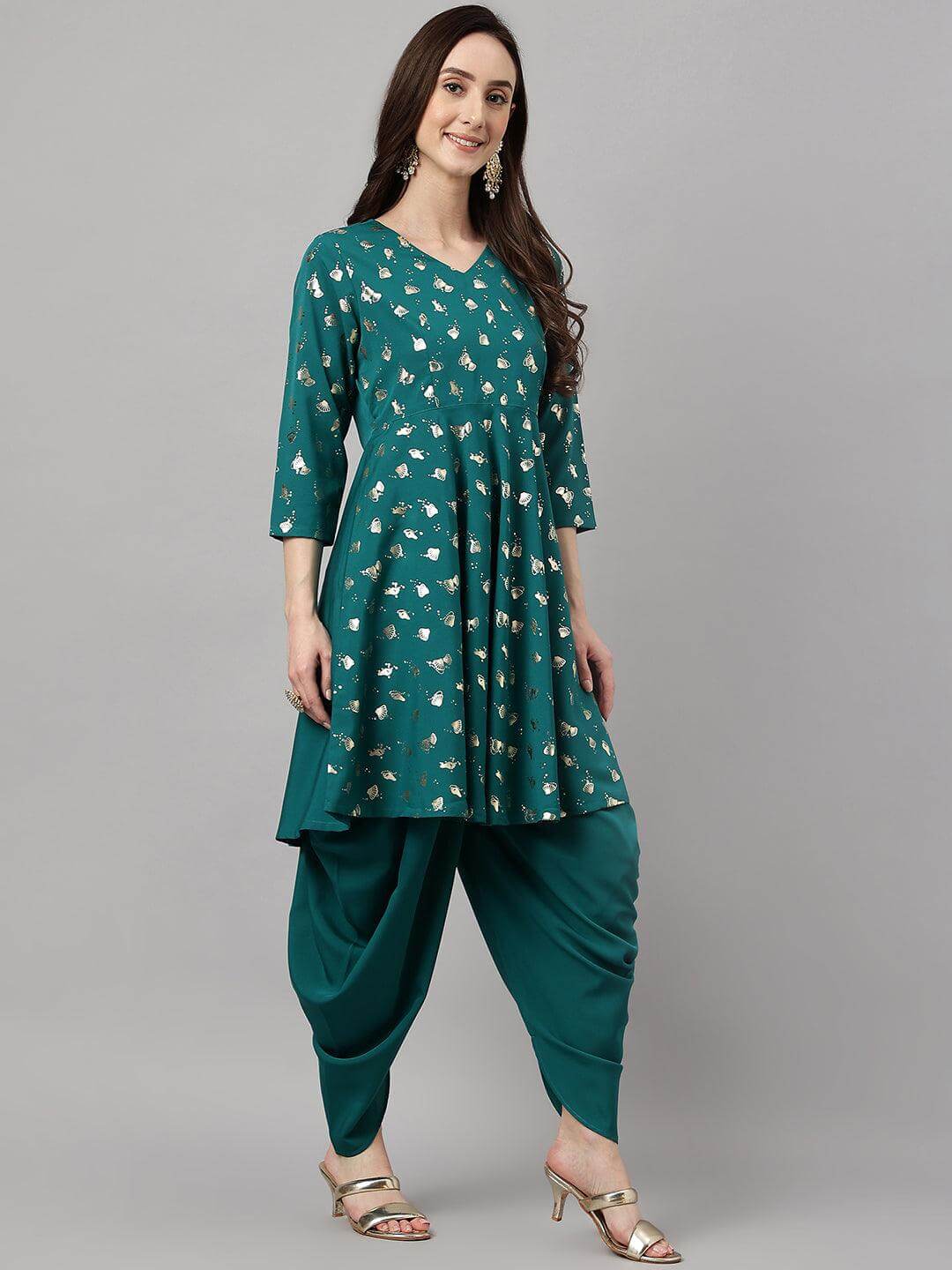 Women's Peacock Green Crepe Foil Print Kurta with Dhoti Pant