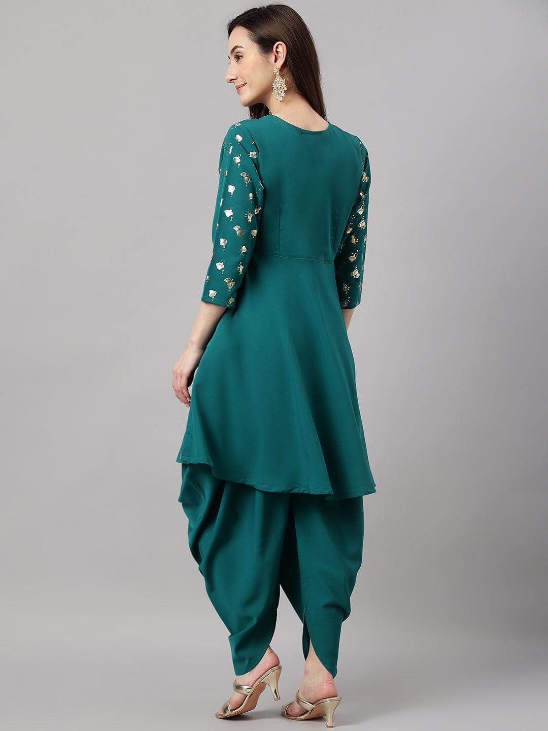 Women's Peacock Green Crepe Foil Print Kurta with Dhoti Pant