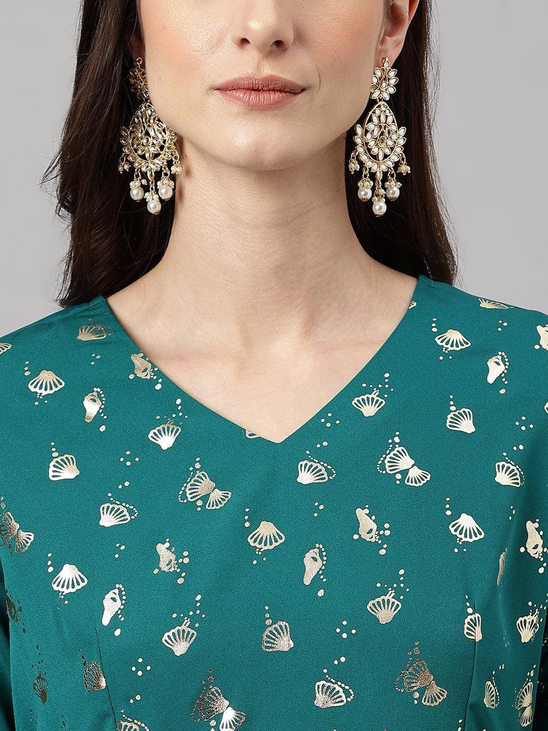 Women's Peacock Green Crepe Foil Print Kurta with Dhoti Pant