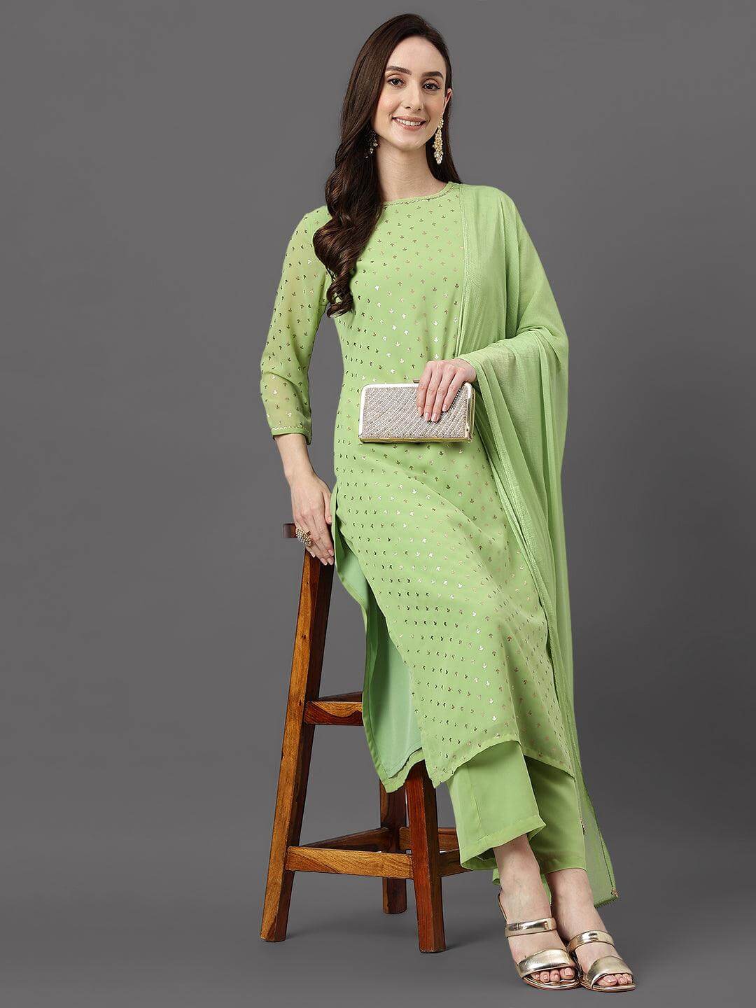 Green Georgette Foil Print Kurta with Palazzo and Dupatta