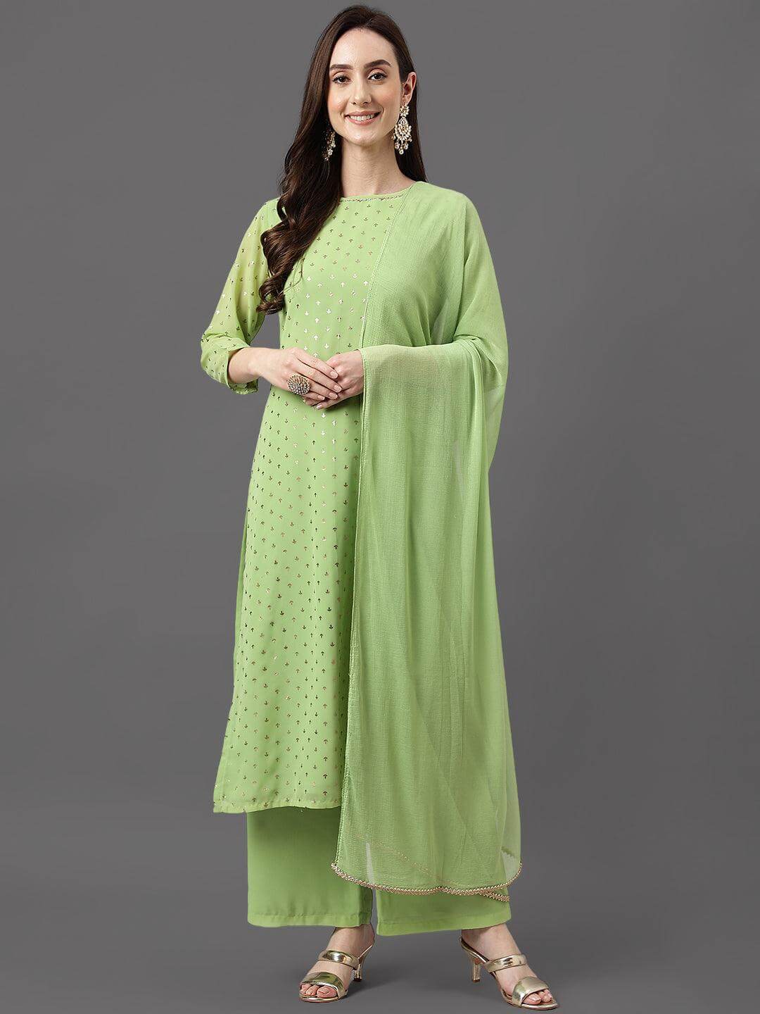 Green Georgette Foil Print Kurta with Palazzo and Dupatta