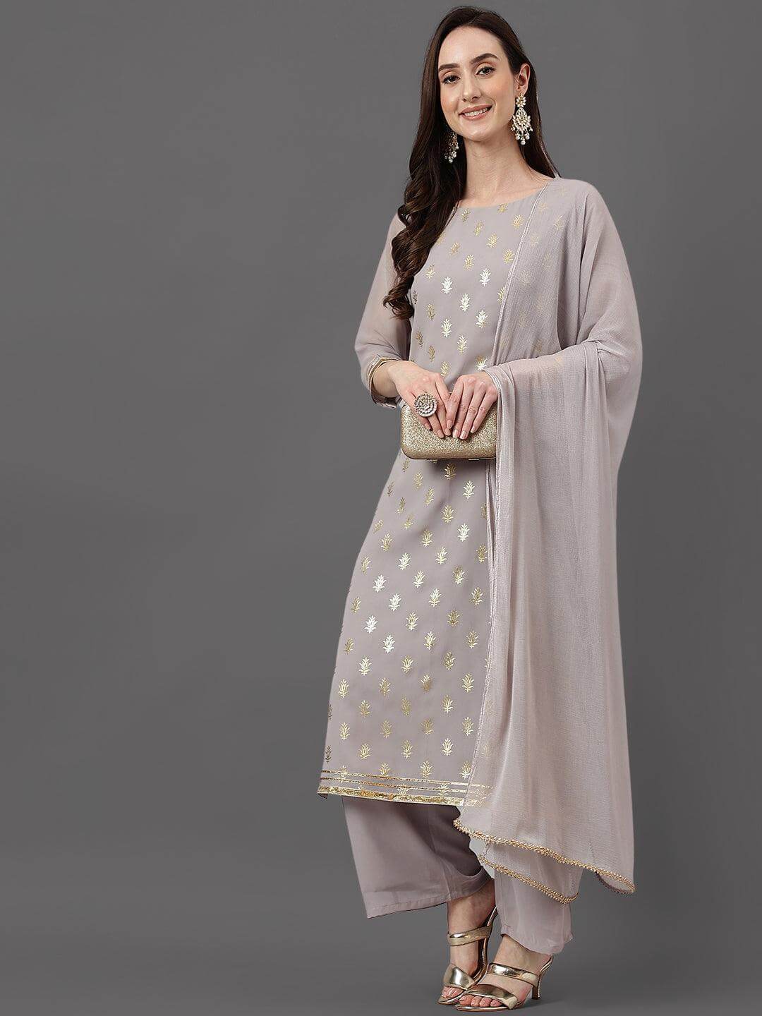 Grey Georgette Foil Print Kurta with Palazzo and Dupatta