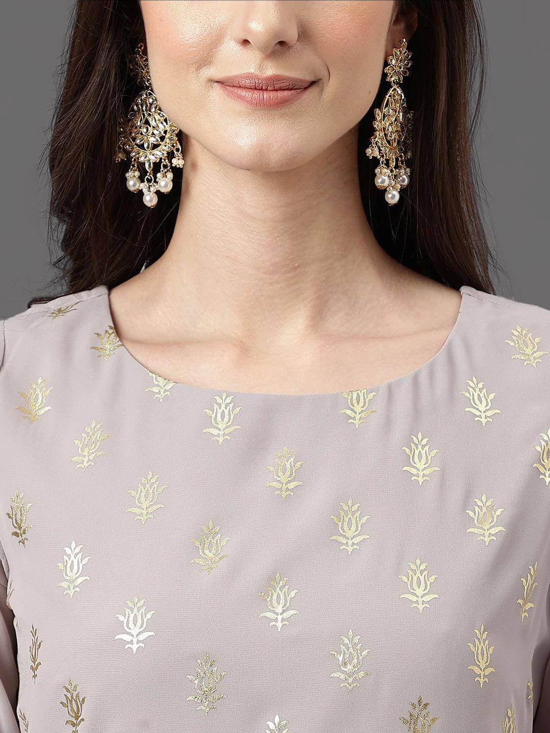 Grey Georgette Foil Print Kurta with Palazzo and Dupatta