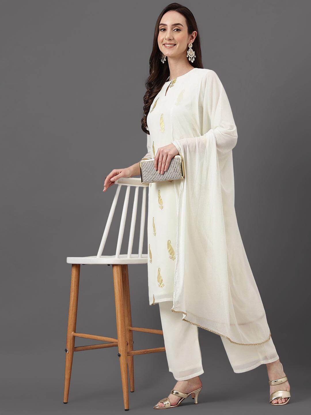 Off White Georgette Foil Print Kurta with Palazzo and Dupatta